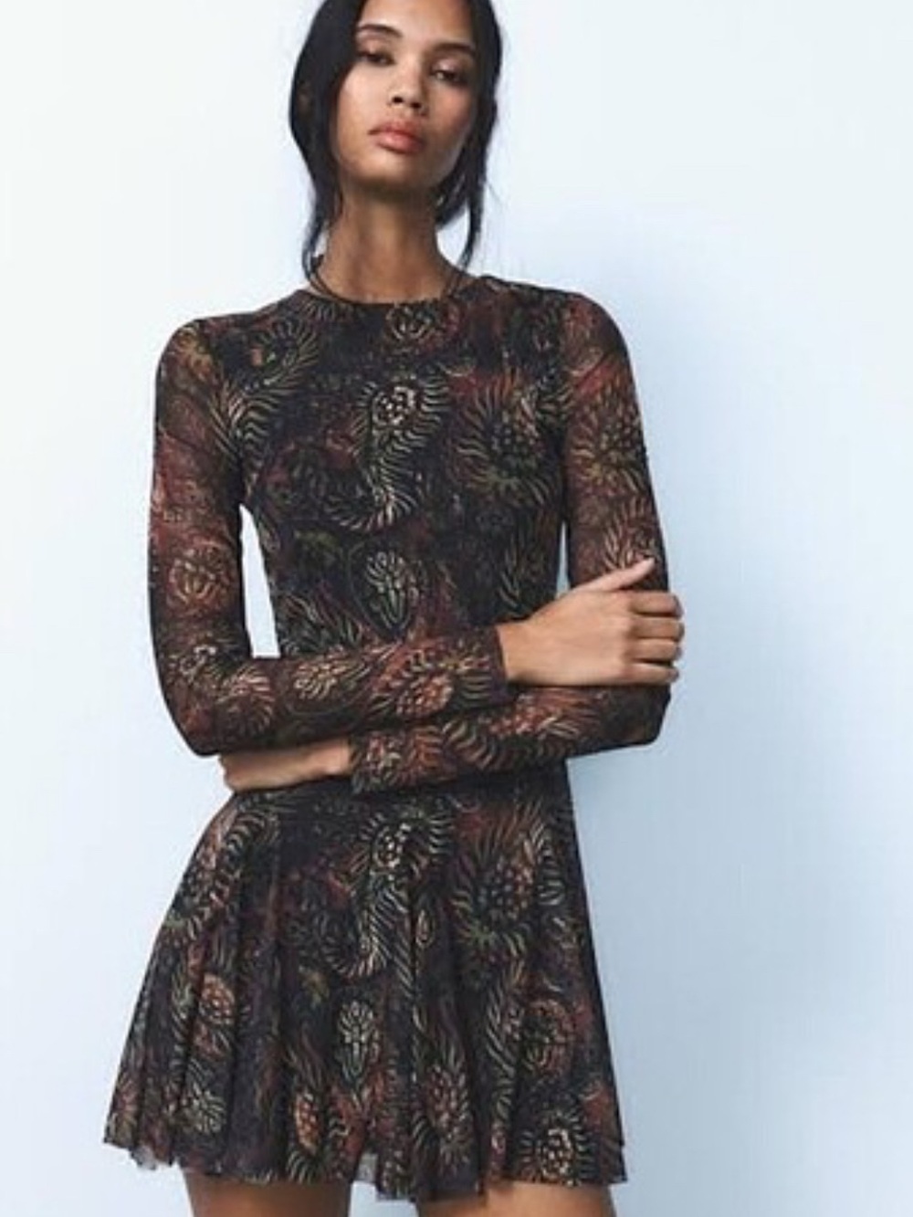 Zara Black and Brown Long-Sleeve Printed Mini Dress